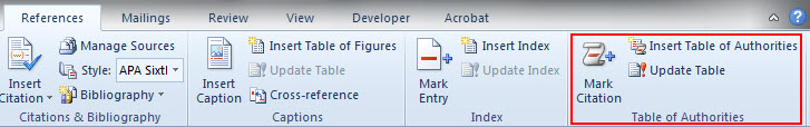 Table of Authorities group on ribbon Table of Authorities group on ribbon